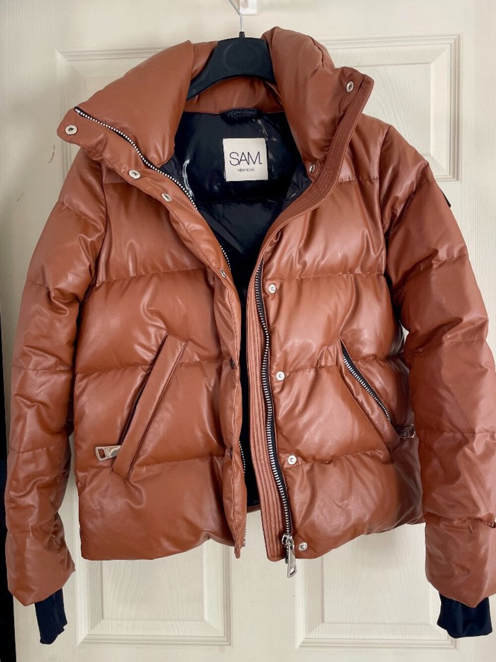 SAM. New York Isabel Vegan Leather Down Puffer Jacket Cognac Brown